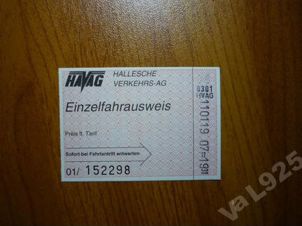 Билет на трамвай г. Halle 90-й год(Германия )