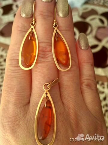 Золотые серьги с янтарём +подвеска 583 СССР