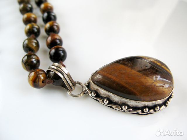 Большой Кулон Серебро и Старинные Бусы Глаз Тигра