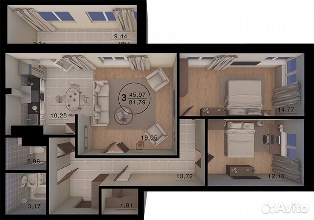 3-к квартира, 81.8 м², 18/25 эт. 3-к квартира, 81.8 м², 18/25 эт.
