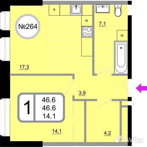 1-к квартира, 46.6 м², 21/22 эт.