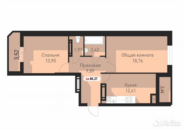 2-к квартира, 66.3 м², 6/17 эт.