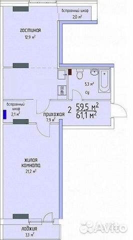 2-к квартира, 60 м², 9/25 эт.