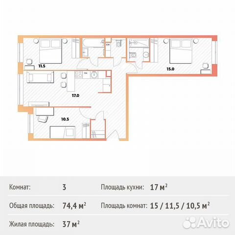 3-к квартира, 74.4 м², 8/10 эт.