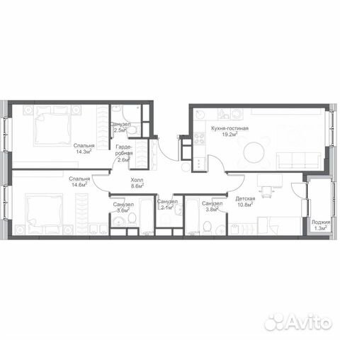 3-к квартира, 87.5 м², 15/16 эт.