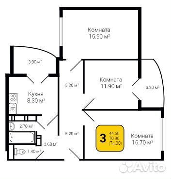 3-к квартира, 74.3 м², 7/17 эт. 3-к квартира, 74.3 м², 7/17 эт.