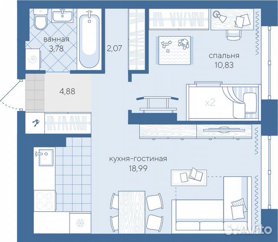 1-к квартира, 40.6 м², 3/4 эт.