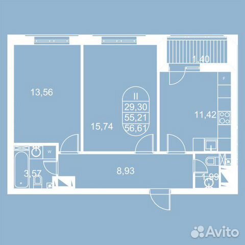 2-к квартира, 56.6 м², 9/16 эт. 2-к квартира, 56.6 м², 9/16 эт.