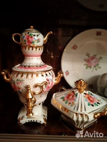 Самовар + сахарница. Розовая гжель+ Гжель подарок