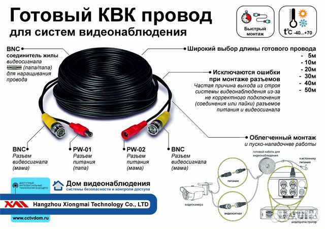 Квк готовый провод 5м для видеонаблюдения Квк готовый провод 5м для видеонаблюдения