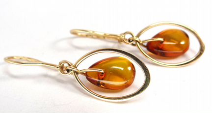Золотые серьги с янтарными подвесками 585 пр, СССР