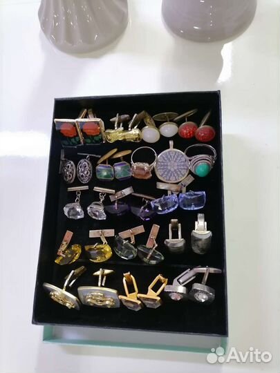 Запонки серебро СССР, камни, стекло, пластик