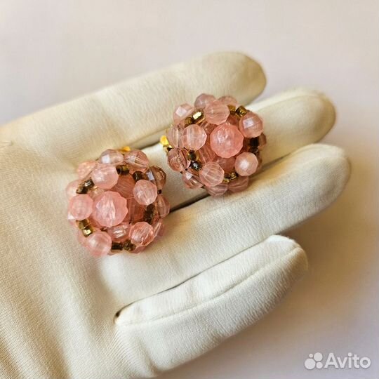 Винтажный комплект бусы клипсы розовый 1960е