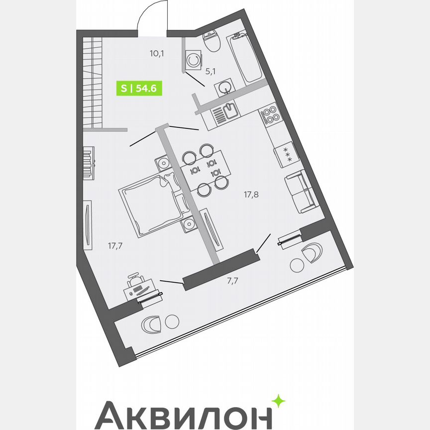 1-к. квартира, 54,6 м², 1/13 эт.