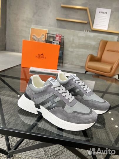 Кроссовки мужские Hermes натуральная кожа серые