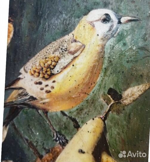 Картина на деревянном холсте.Птицы и фрукты