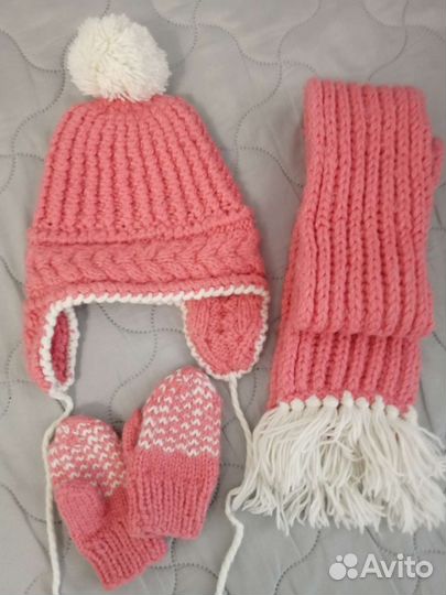 Комплект шапка, шарф вязаные вещи 2-3года,пинетки