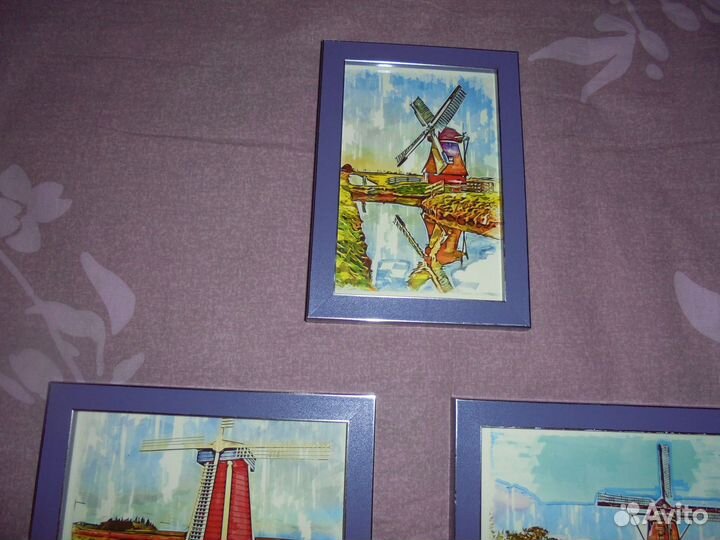 3 панно Мельницы в стильной рамке 12 х 17 см