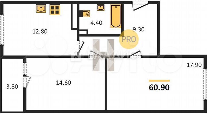 2-к. квартира, 60,9 м², 8/9 эт.