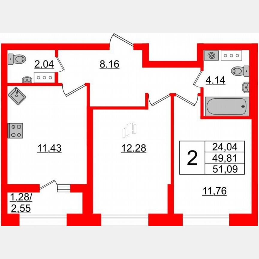 2-к. квартира, 51,1 м², 8/14 эт.