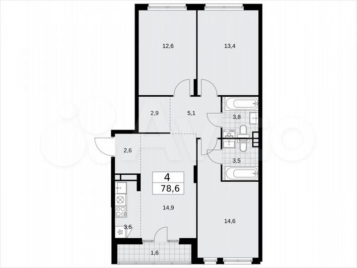 4-к. квартира, 78,6 м², 11/15 эт.