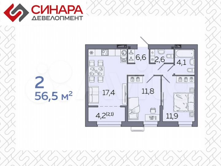 2-к. квартира, 56,5 м², 22/23 эт.