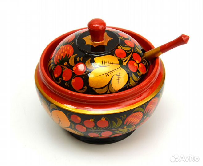 Сахарница расписная с ложкой D12,5 H12. Ваза для в