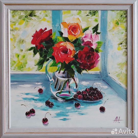 Картина холст масло 57*57 букет в вазе розы