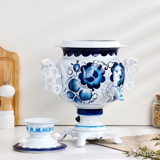 Набор «Гжель», овал, 3 предмета, самовар 3 л, зава