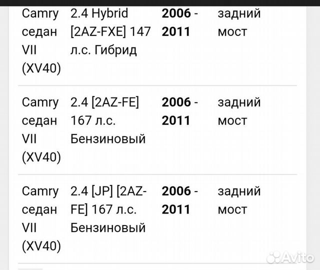 Колодки тормозные задние toyota camry