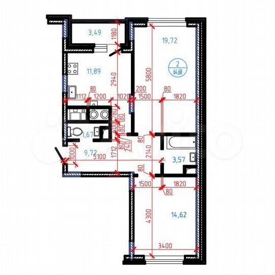 2-к. квартира, 65,5 м², 11/16 эт.