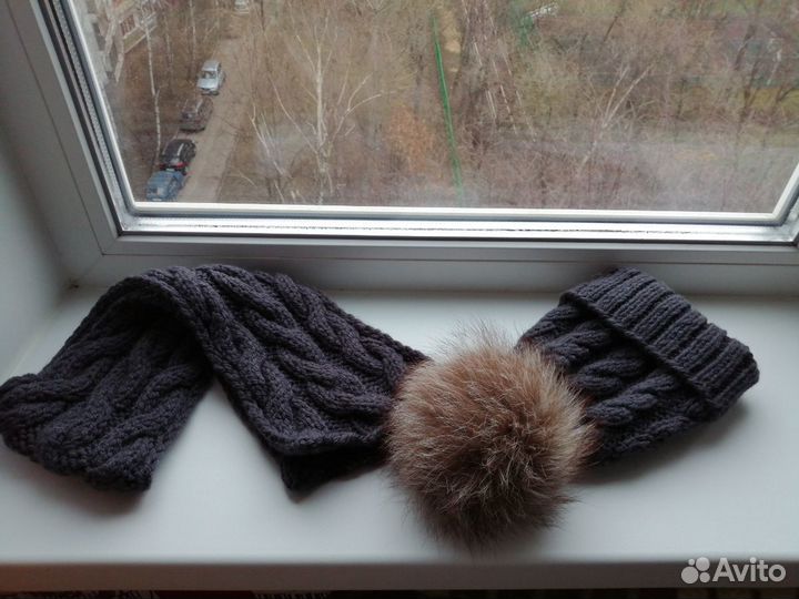 Вязаная шапка с помпоном, шарфик, снуд из мериноса