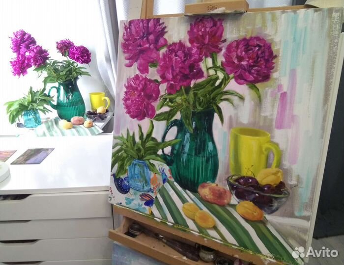 Картина с пионами и птичкой, натюрморт маслом лето