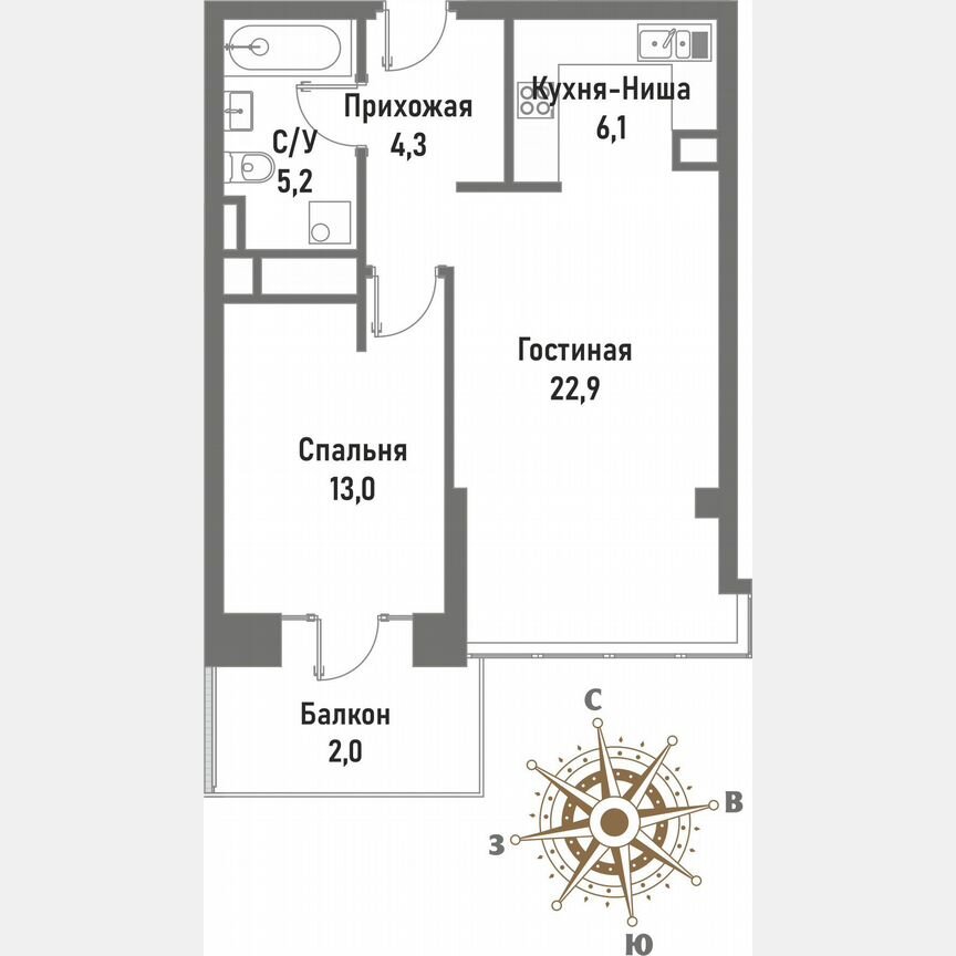 1-к. квартира, 52,6 м², 5/14 эт.