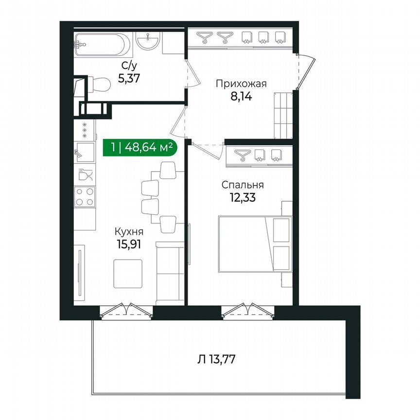 1-к. квартира, 48,6 м², 4/8 эт.