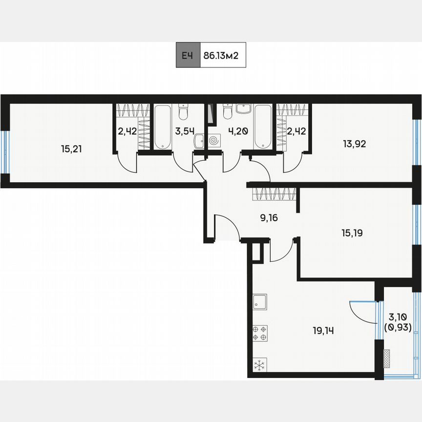3-к. квартира, 86,5 м², 4/9 эт.