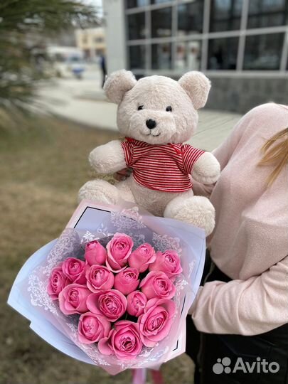 Розы Кения Плюшевый медведь Доставка цветов