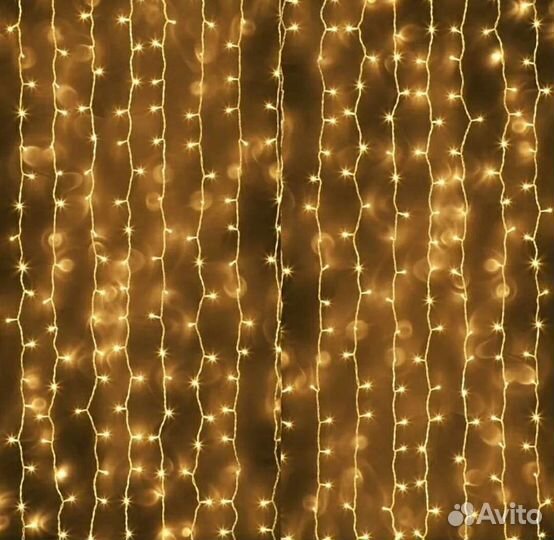Гирлянда штора 3 на 3 метра занавес золотая белая
