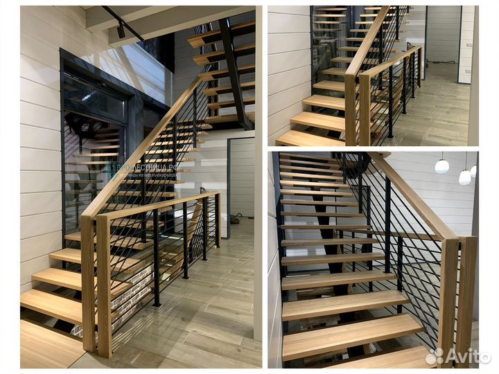 Лестница на металле со ступенями Ясень