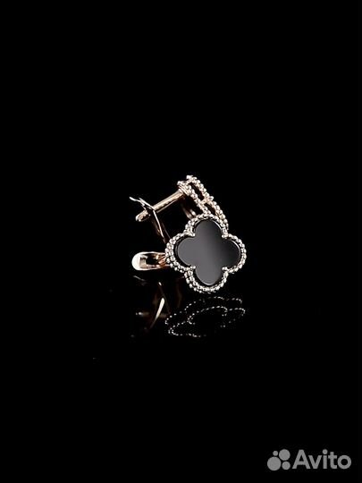 Золотые 585 серьги в стиле Van Cleef с ониксом