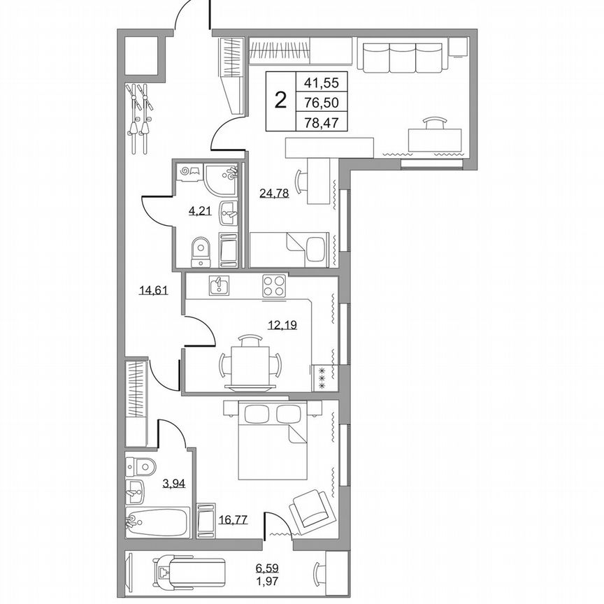 2-к. квартира, 78,5 м², 5/19 эт.