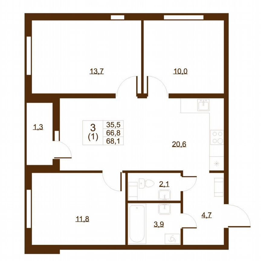 3-к. квартира, 68,1 м², 3/8 эт.