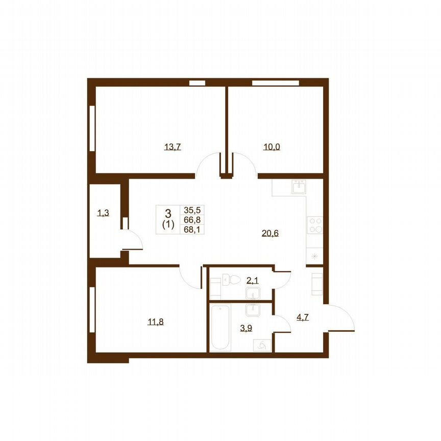 3-к. квартира, 68,1 м², 3/8 эт.