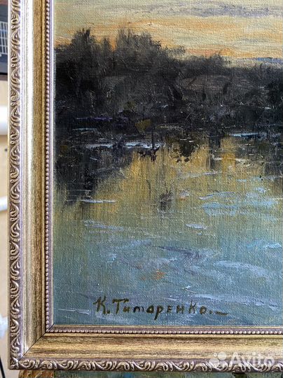 Картина мслом, пейзаж, Вечер на пруду