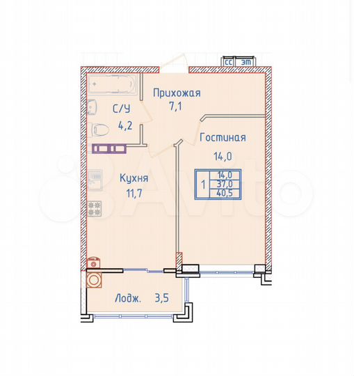 1-к. квартира, 40,5 м², 7/8 эт.