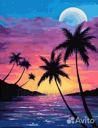 Картина по номерам 40x50 Пальмы у океана в полнолу