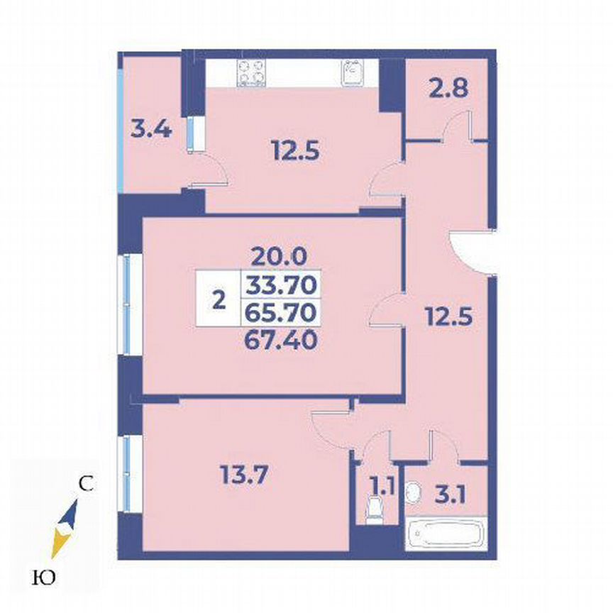 2-к. квартира, 67,4 м², 2/7 эт.