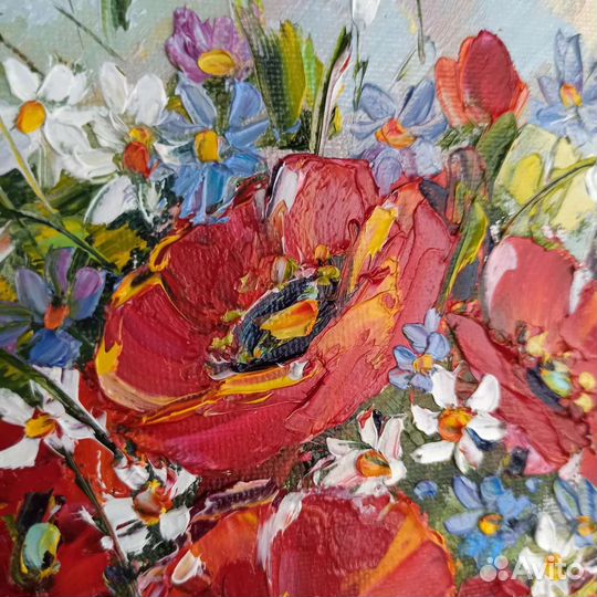 Картина маки маслом ромашки цветы на холсте