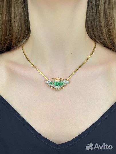 Золотое колье с бриллиантами, изумруд 750 / 31.6 г