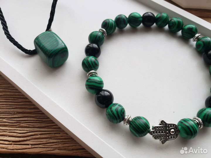 Комплект браслет и подвеска Малахит+Черный Агат